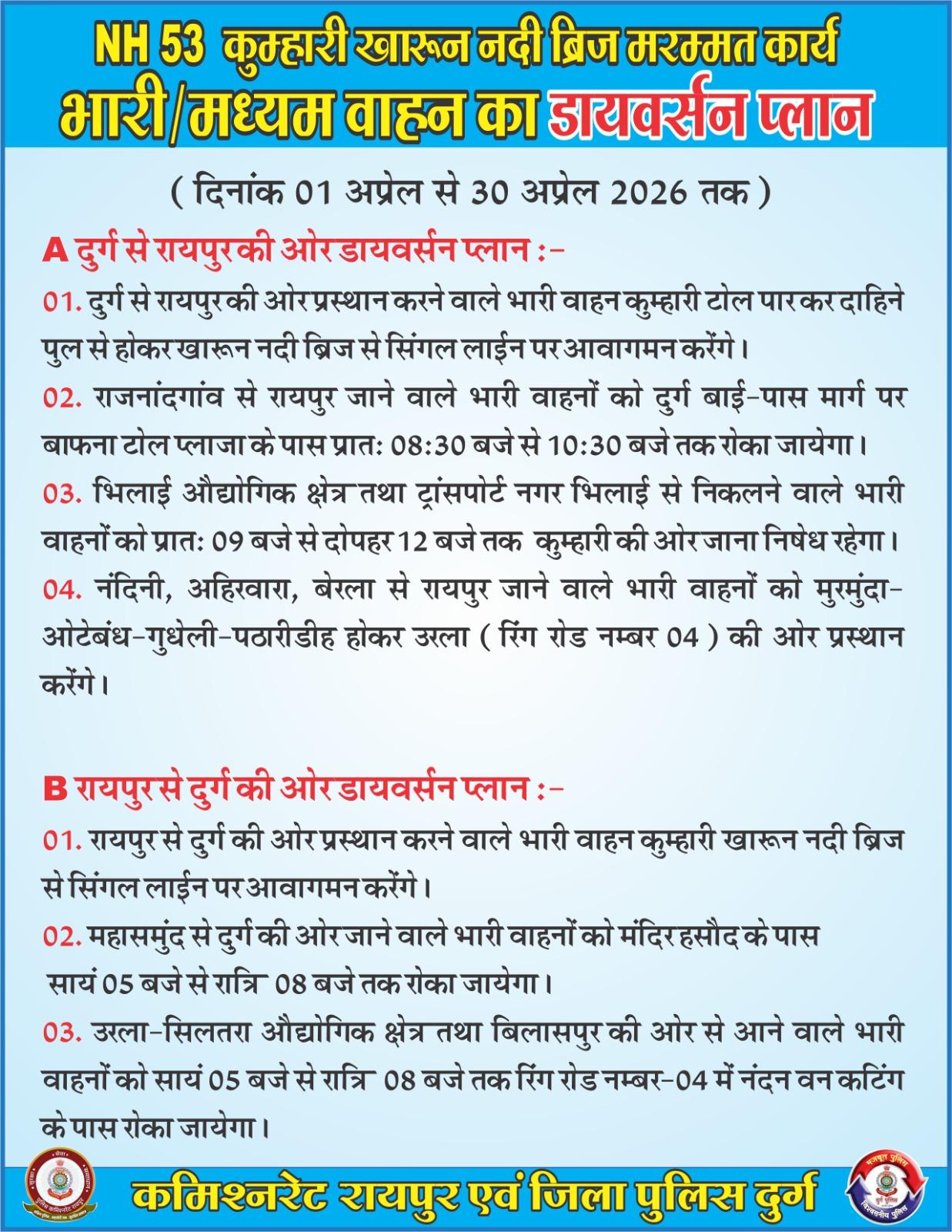 कुम्हारी खारून नदी ब्रिज मरम्मत कार्य के दौरान 01 अप्रैल से 30 अप्रैल तक डायवर्सन व्यवस्था लागू, विस्तृत दिशा-निर्देश जारी...